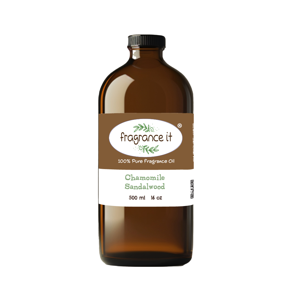 A 16-ounce or 500 milliliter bottle of Fragrance It's Chamomile Sandalwood aroma oil.