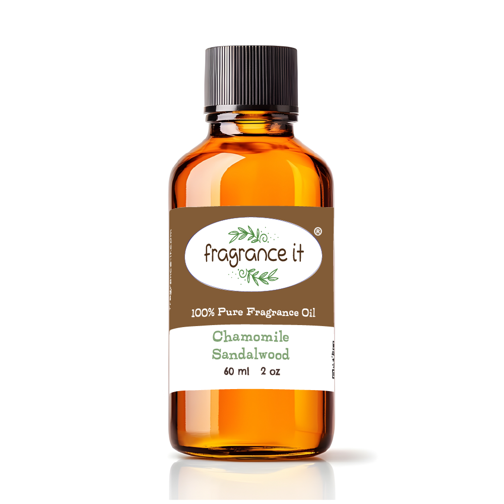 A 2-ounce or 60 milliliter bottle of Fragrance It's Chamomile Sandalwood aroma oil.