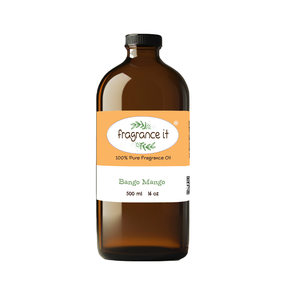 A 16-ounce or 500 milliliter bottle of Fragrance It's Bango Mango aroma oil.