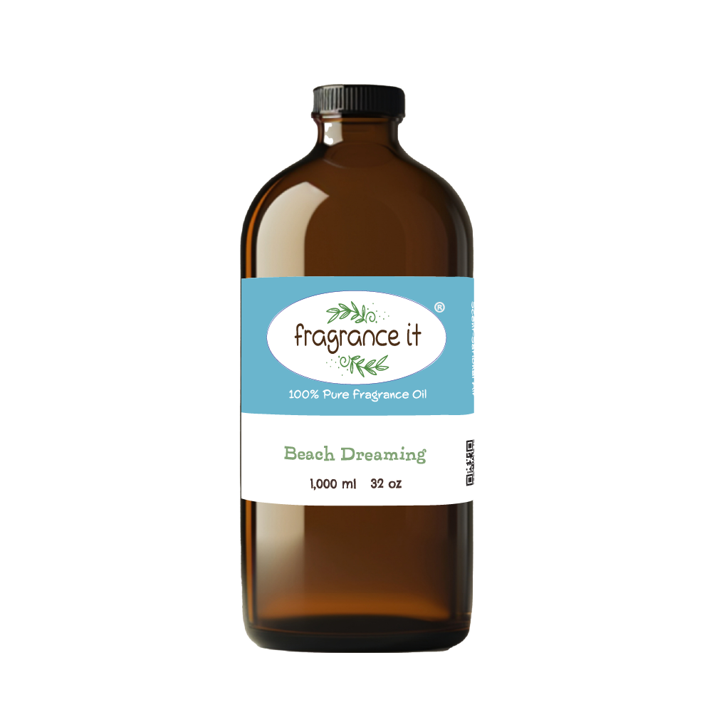 A 32-ounce or 1000 milliliter bottle of Fragrance It's Beach Dreaming aroma oil.
