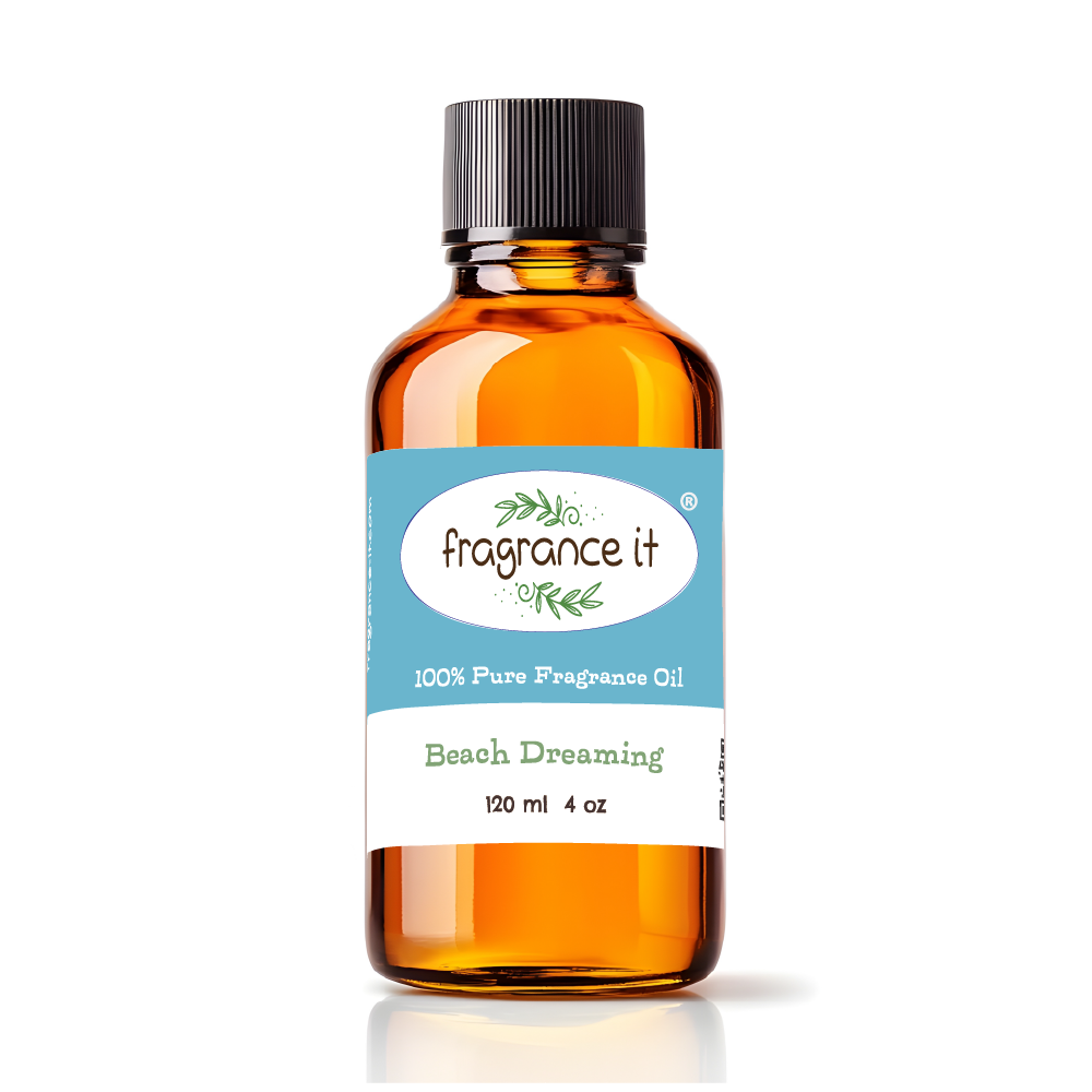 A 4-ounce or 120 milliliter bottle of Fragrance It's Beach Dreaming aroma oil.