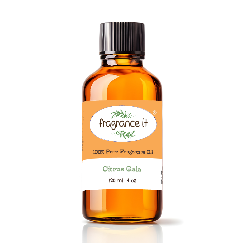 A 4-ounce or 120 milliliter bottle of Fragrance It's Citrus Gala aroma oil.