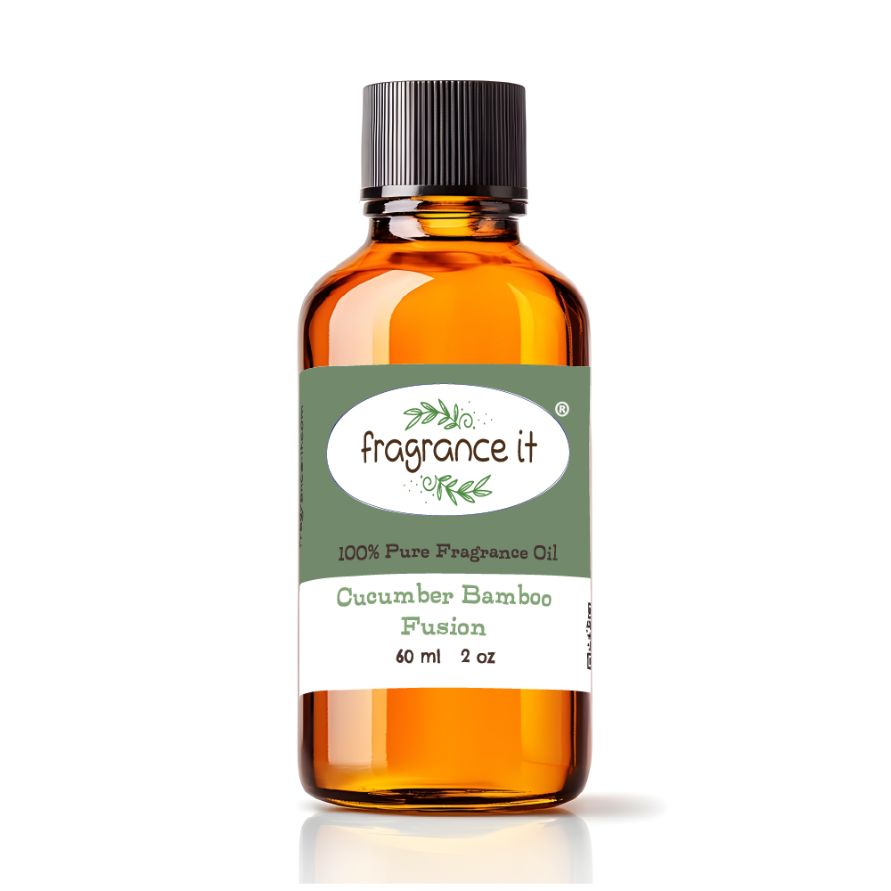 A 2-ounce or 60 milliliter bottle of Fragrance It's Cucumber Bamboo Fusion aroma oil.