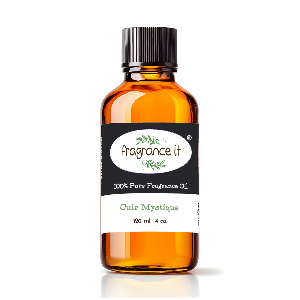 A 4-ounce or 120 milliliter bottle of Fragrance It's Cuir Mystique aroma oil.