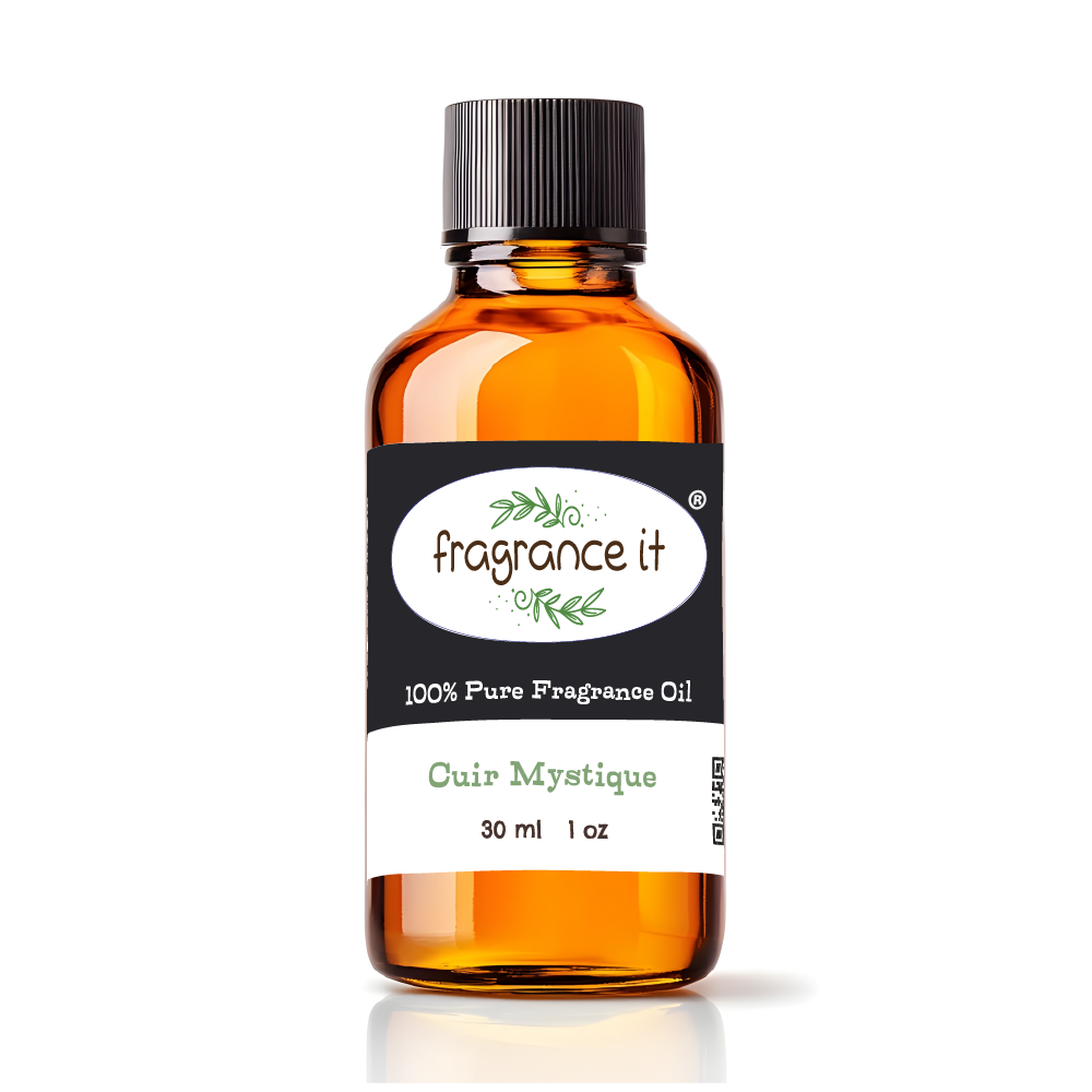 A 1-ounce or 30 milliliter bottle of Fragrance It's Cuir Mystique aroma oil.