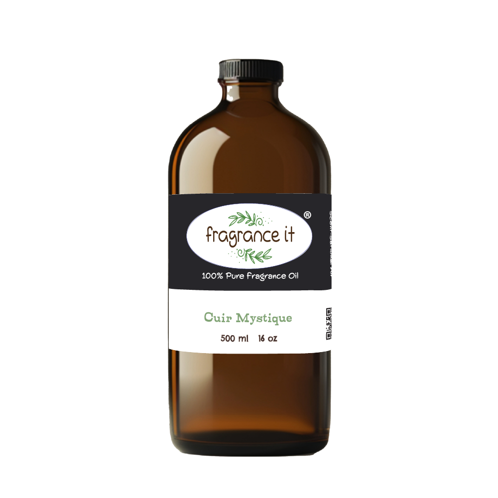 A 16-ounce or 500 milliliter bottle of Fragrance It's Cuir Mystique aroma oil.