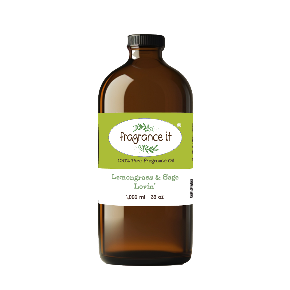 A 32-ounce or 1000 milliliter bottle of Fragrance It's Lemongrass & Sage Lovin' aroma oil.