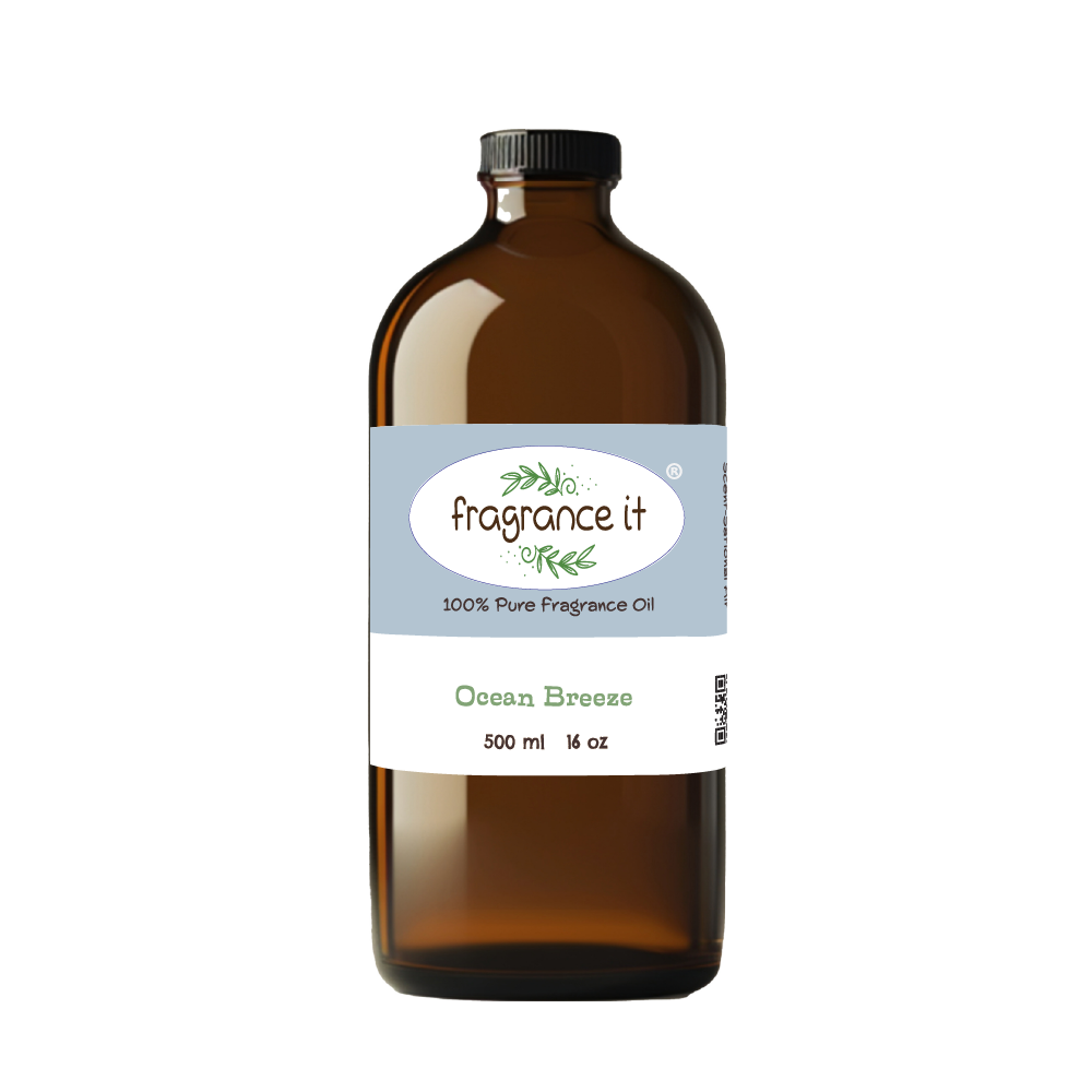 A 16-ounce or 500 milliliter bottle of Fragrance It's Ocean Breeze aroma oil.