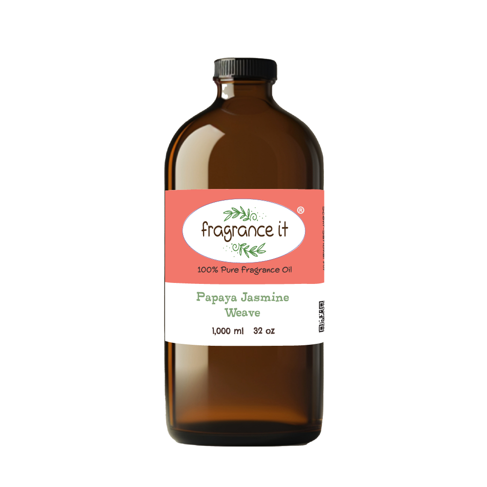 A 32-ounce or 1000 milliliter bottle of Fragrance It's Papaya Jasmine Weave aroma oil.