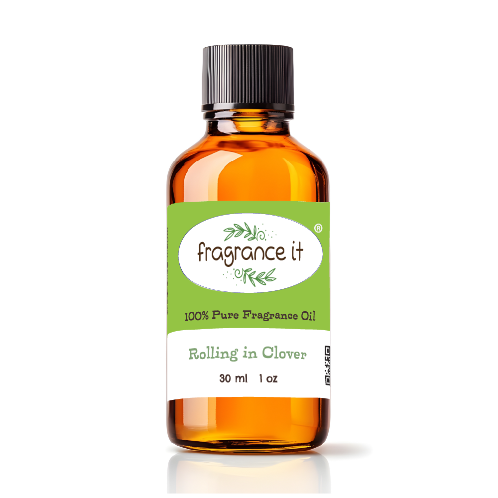 A 1-ounce or 30 milliliter bottle of Fragrance It's Rolling in Clover aroma oil.