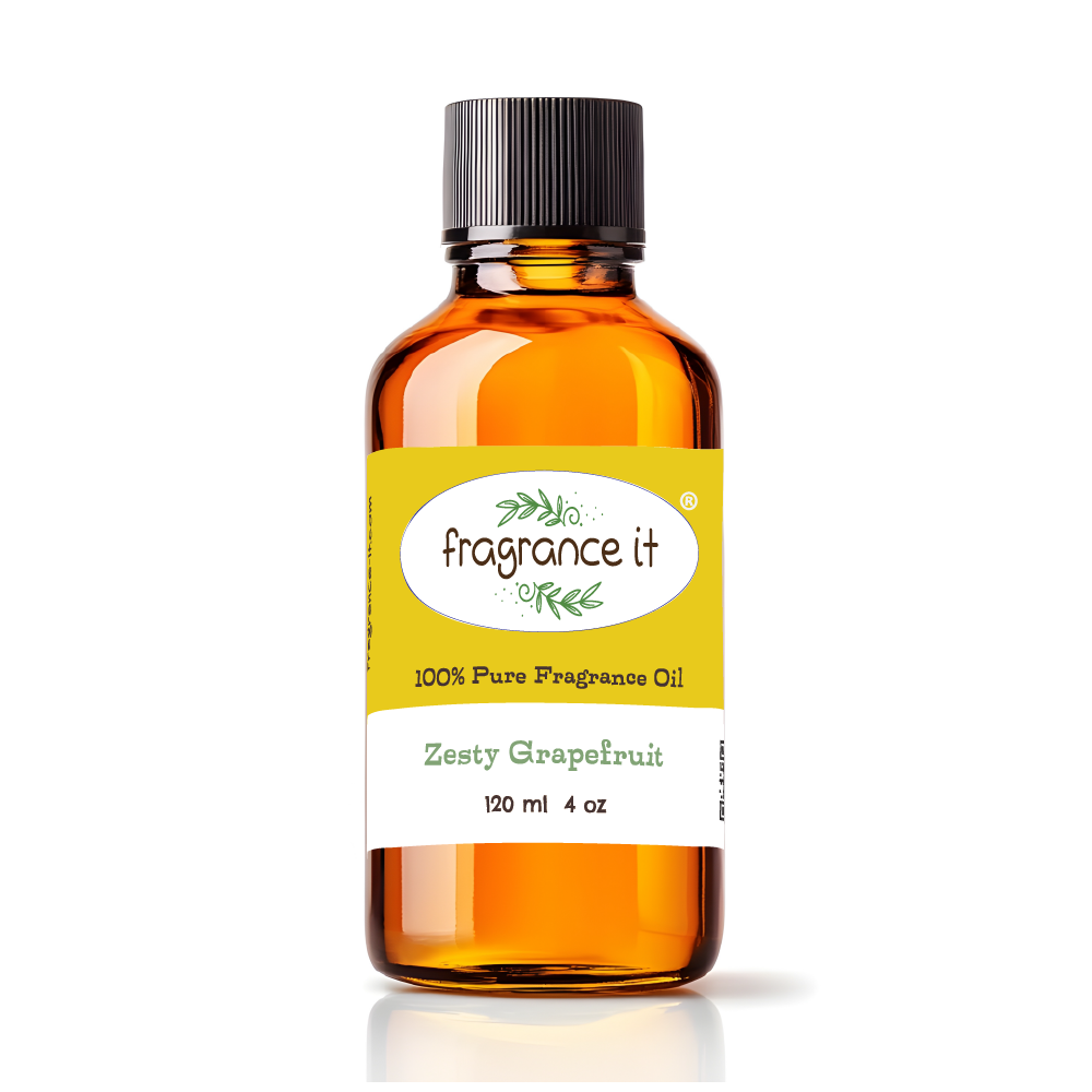 A 4-ounce or 120 milliliter bottle of Fragrance It's Zesty Grapefruit aroma oil.