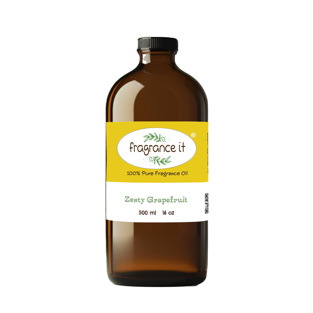 A 16-ounce or 500 milliliter bottle of Fragrance It's Zesty Grapefruit aroma oil.