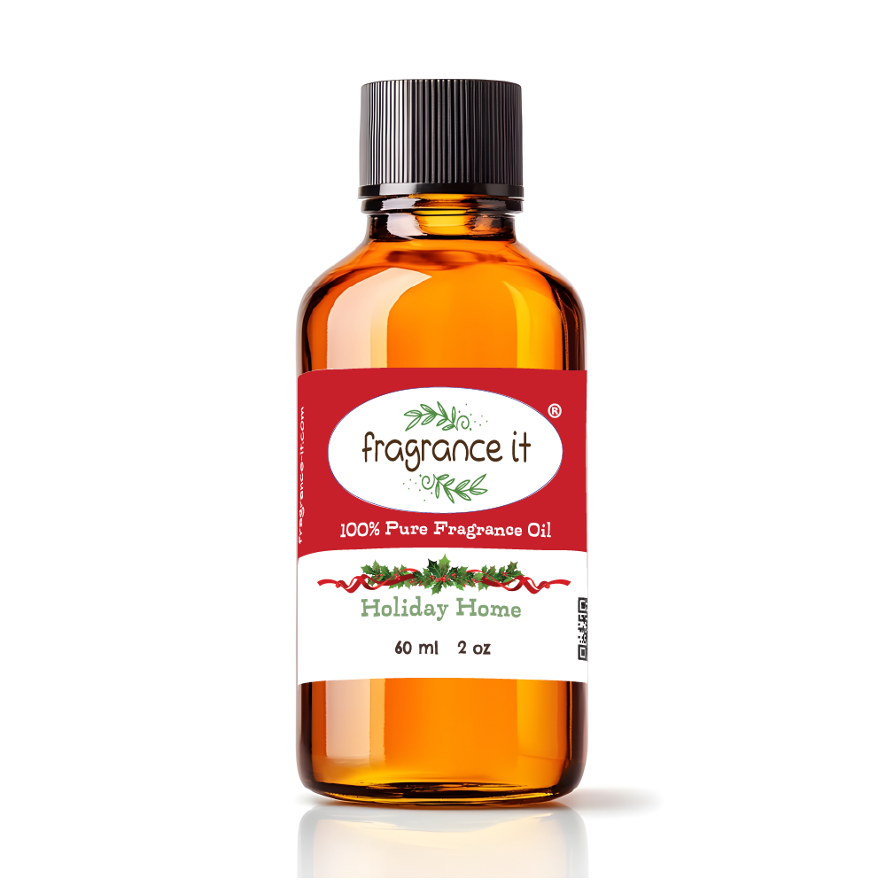 A 2-ounce or 60 milliliter bottle of Fragrance It's holiday themed Holiday Home aroma oil.