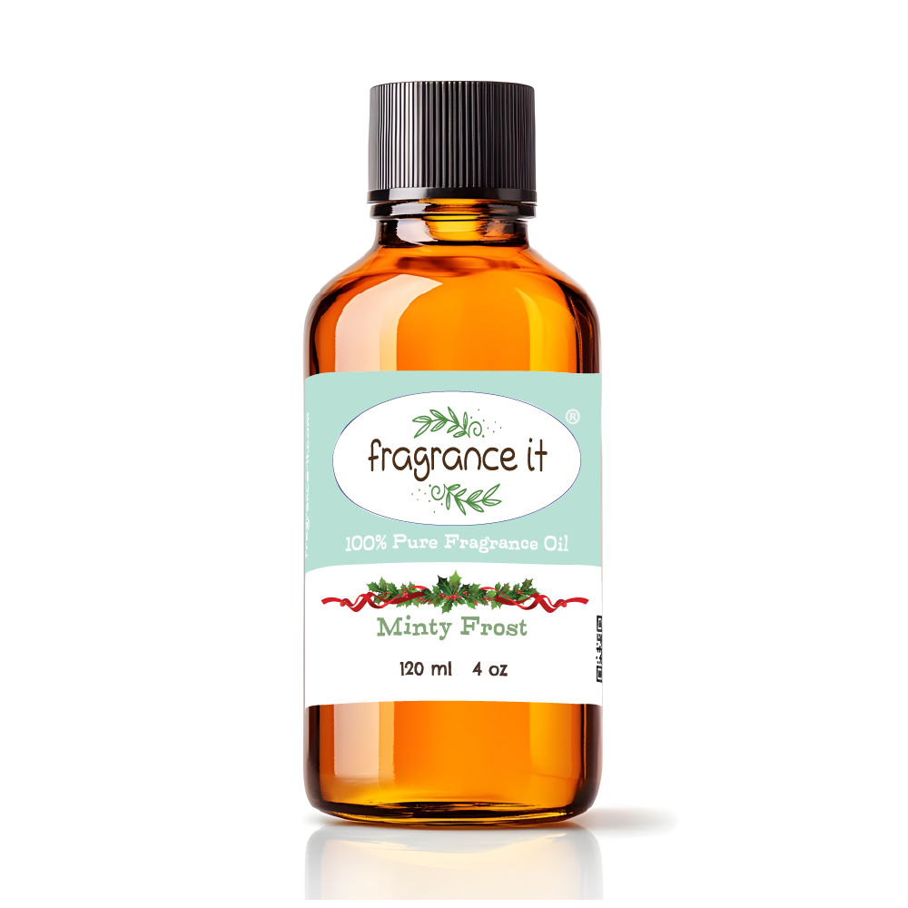 A 4-ounce or 120 milliliter bottle of Fragrance It's holiday themed Minty Frost aroma oil.