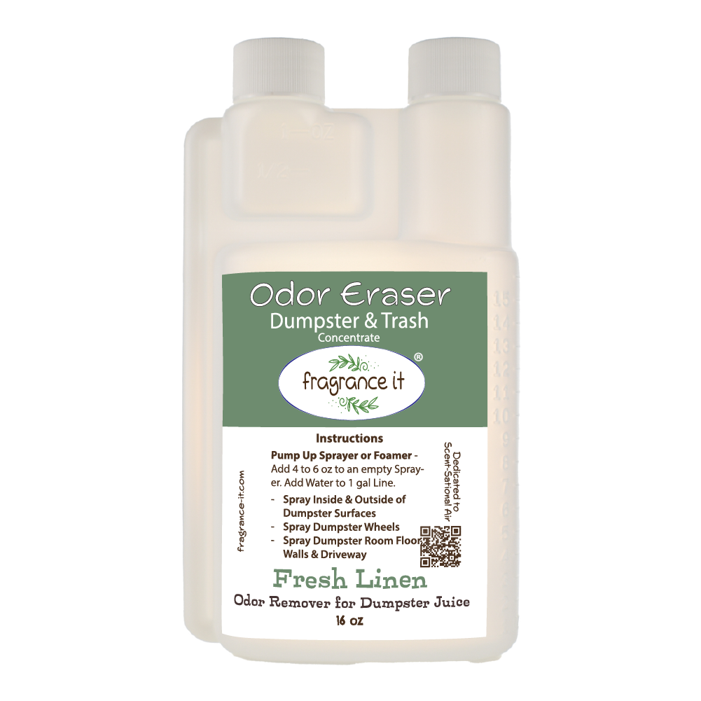A 16-ounce bottle with a measurement pour spout of Fragrance It's Dumpster Spray Concentrate with Fresh Linen scent.