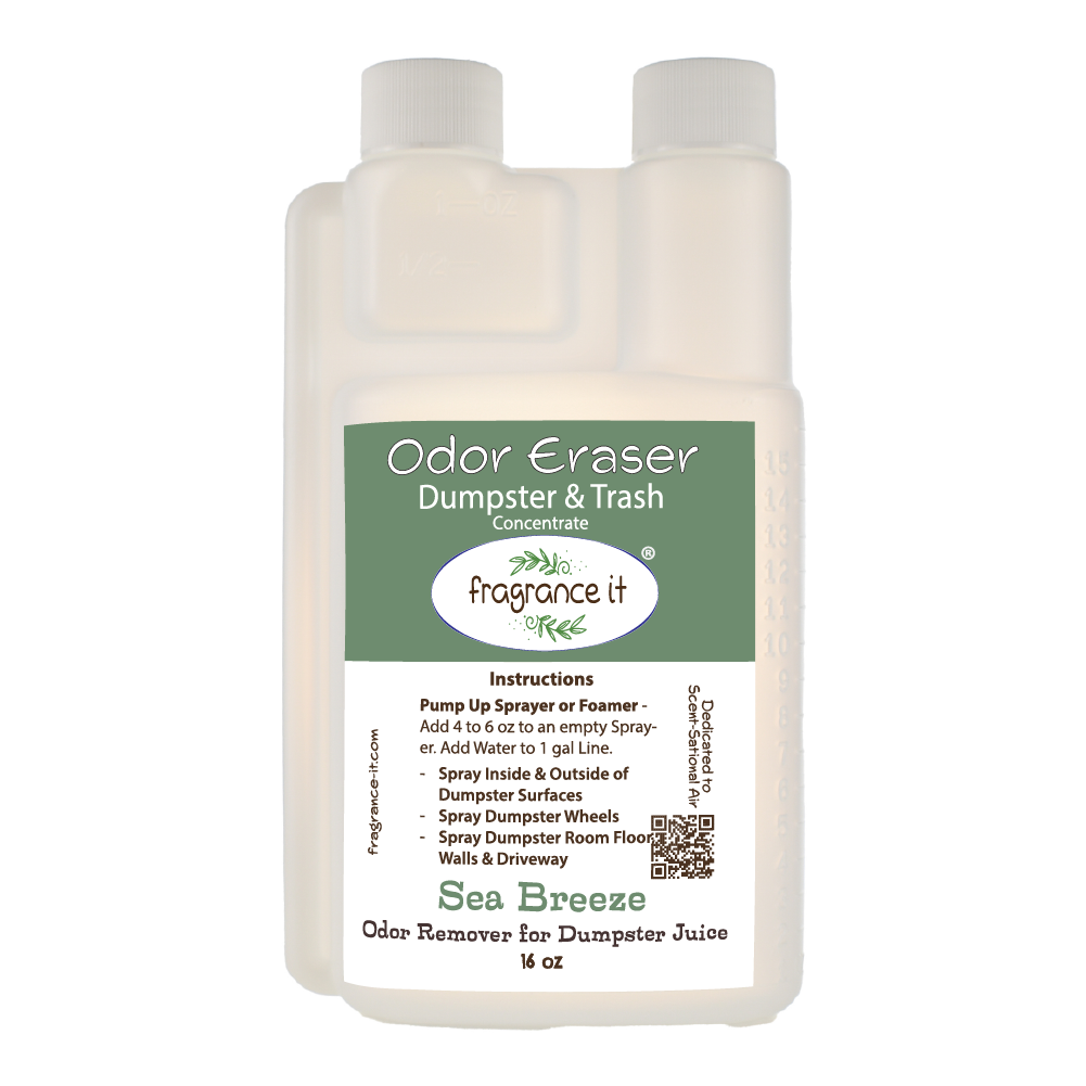 A 16-ounce bottle with a measurement pour spout of Fragrance It's Dumpster Spray Concentrate with Sea Breeze scent.