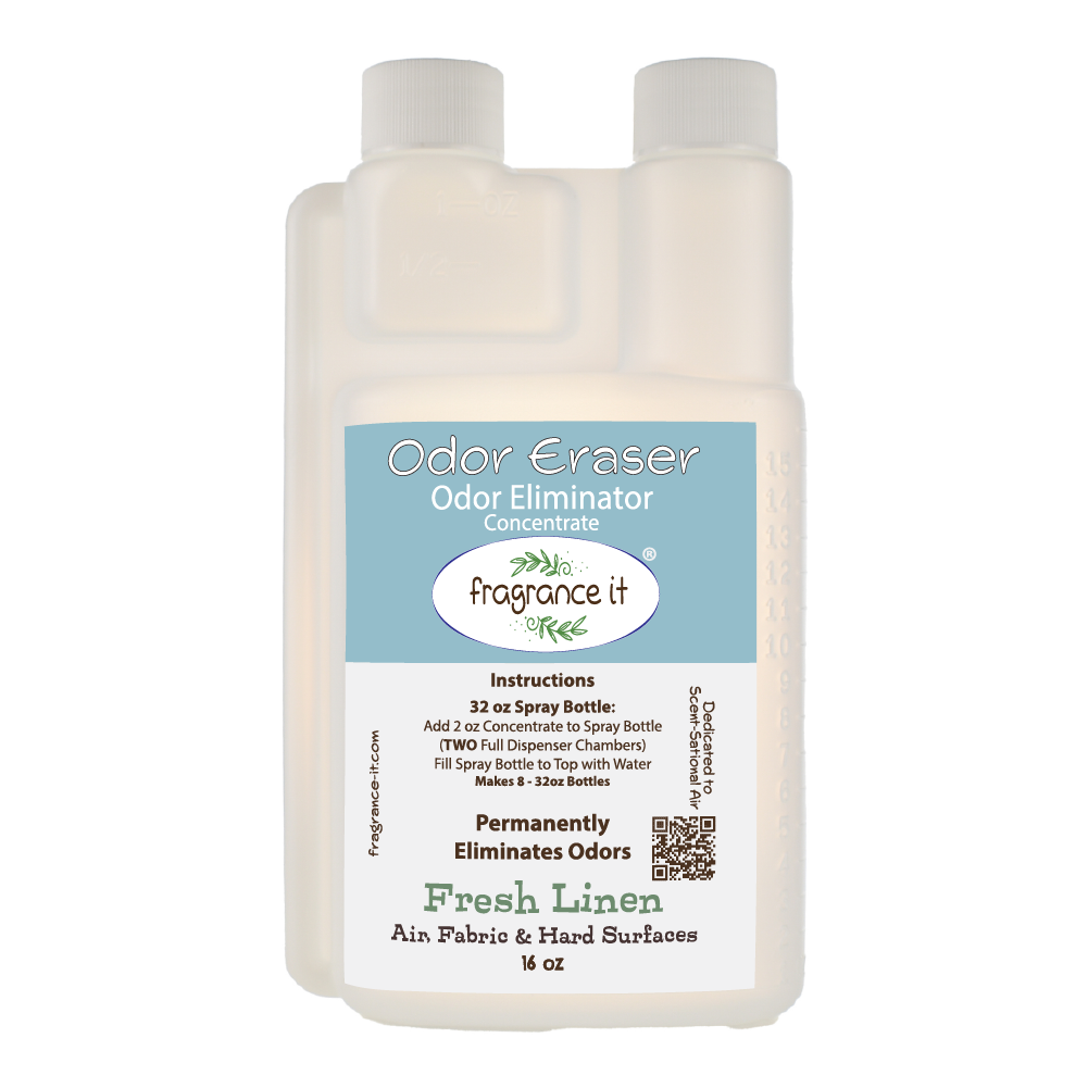 A 16-ounce bottle with a measurement pour spout of Fragrance It's Odor Eraser Concentrate with Fresh Linen scent.