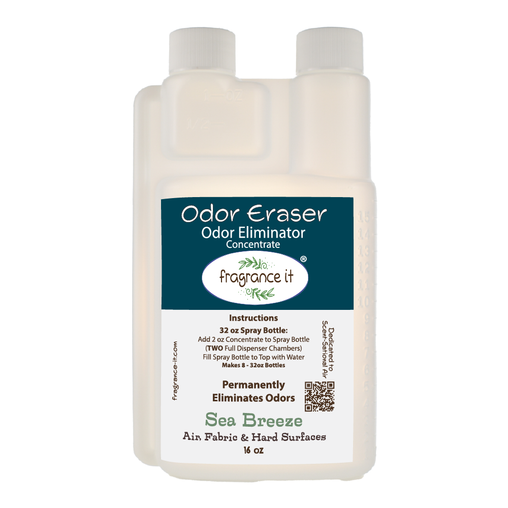 A 16-ounce bottle with a measurement pour spout of Fragrance It's Odor Eraser Concentrate with Sea Breeze scent.