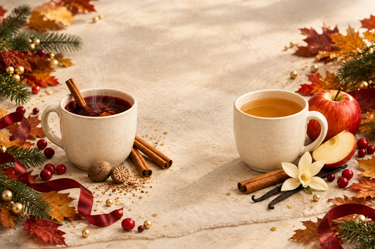 Illustrative side-by-side comparison of mulled cider, cinnamon and nutmeg scent impressions with apple cider, cinnamon and vanilla scent impressions.