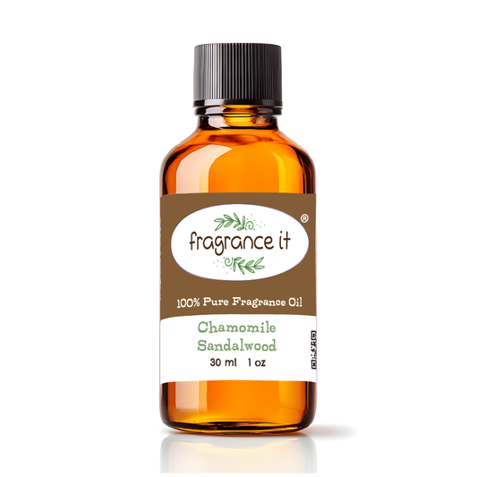 A  1-ounce or 30 milliliter bottle of Fragrance It's Chamomile Sandalwood aroma oil.