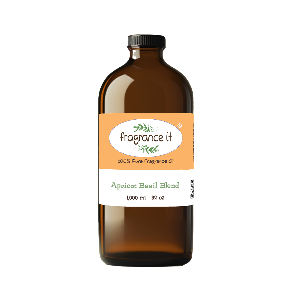 A  32-ounce or 1000 milliliter bottle of Fragrance It's Apricot Basil Blend aroma oil.