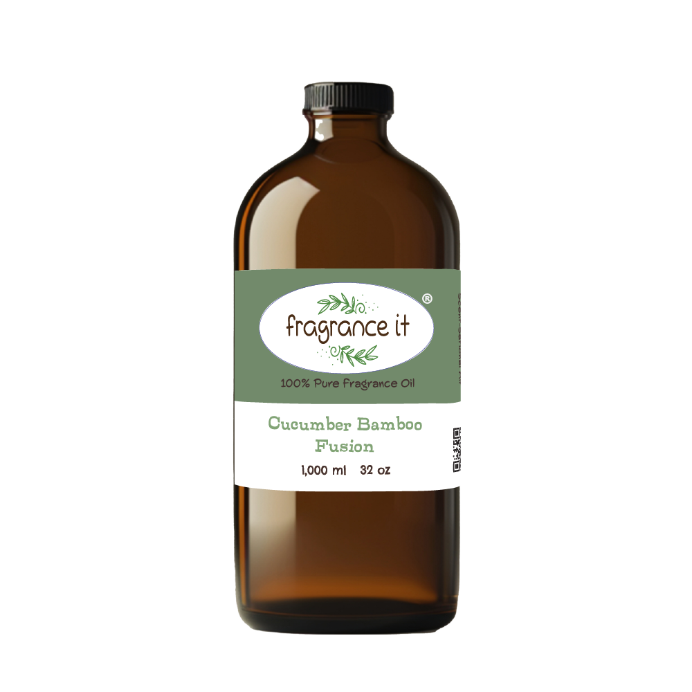 A  32-ounce or 1000 milliliter bottle of Fragrance It's Cucumber Bamboo Fusion aroma oil.