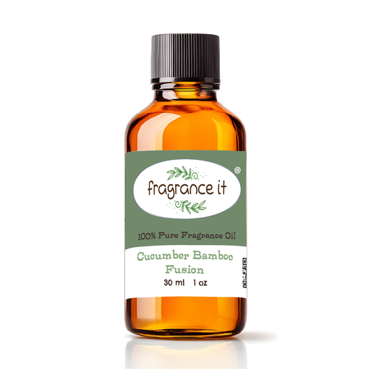 A  1-ounce or 30 milliliter bottle of Fragrance It's Cucumber Bamboo Fusion aroma oil.