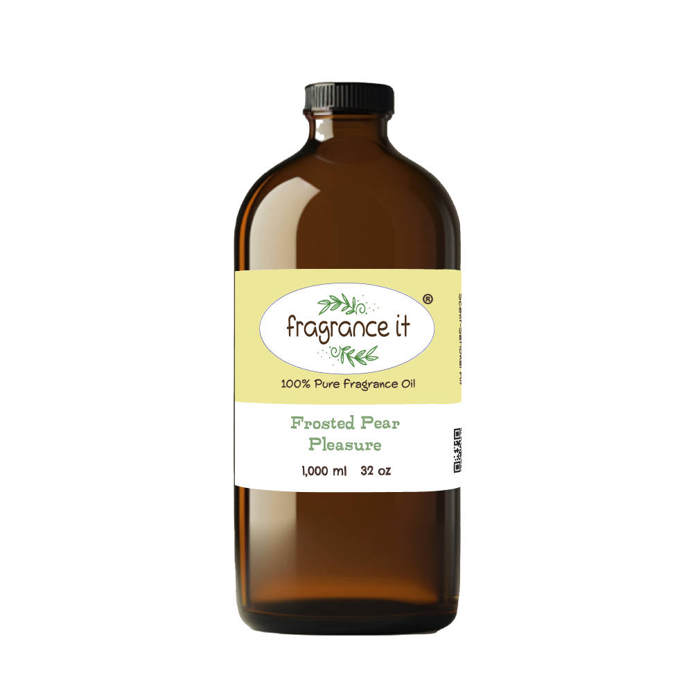 A  32-ounce or 1000 milliliter bottle of Fragrance It's Frosted Pear Pleasure aroma oil.