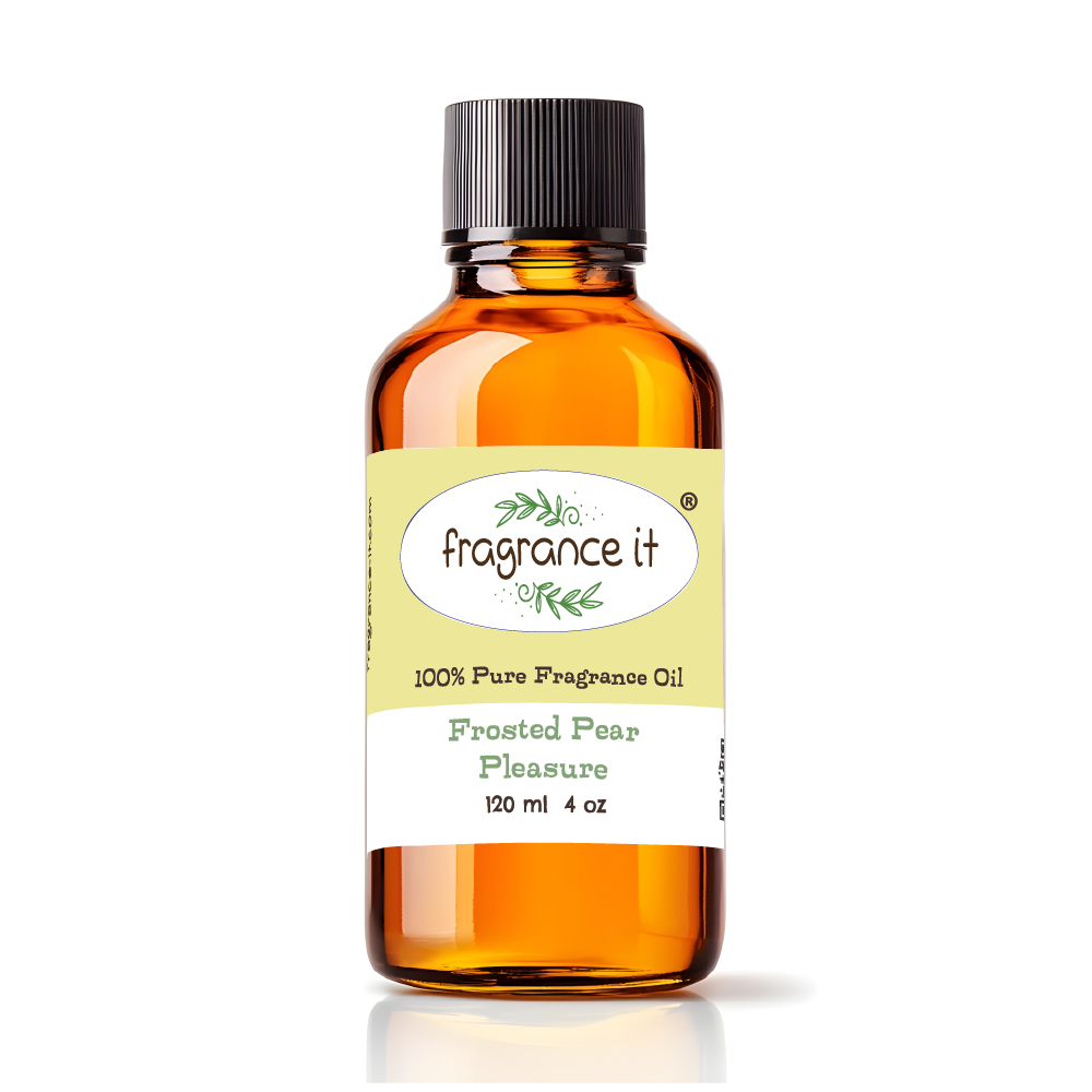 A  4-ounce or 120 milliliter bottle of Fragrance It's Frosted Pear Pleasure aroma oil.
