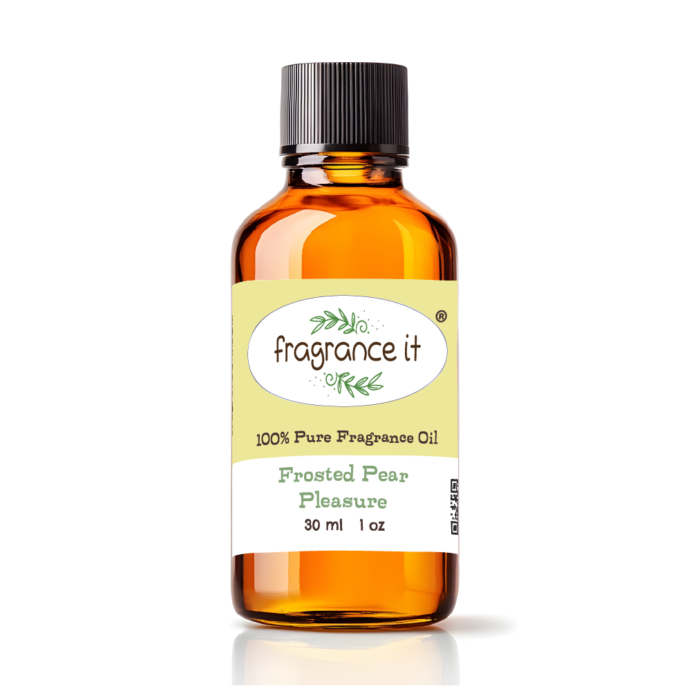 A  1-ounce or 30 milliliter bottle of Fragrance It's Frosted Pear Pleasure aroma oil.