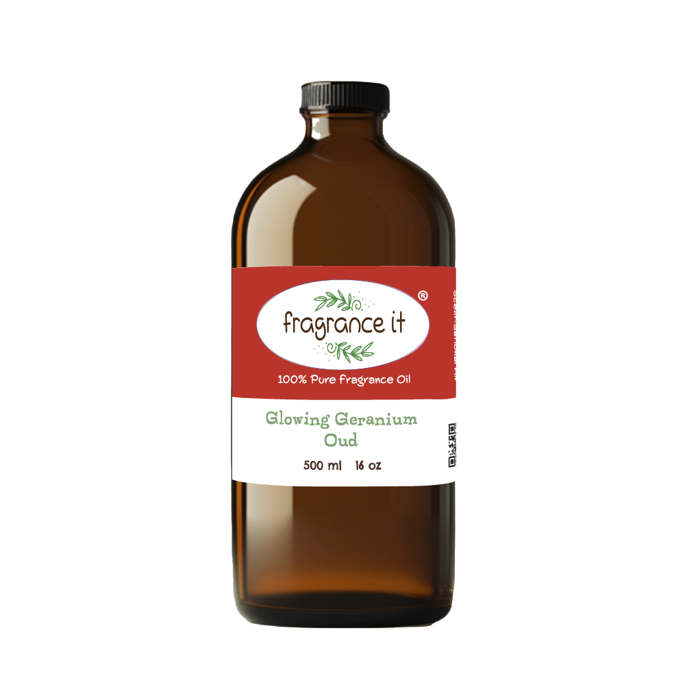 A  16-ounce or 500 milliliter bottle of Fragrance It's Glowing Geranium Oud  aroma oil.