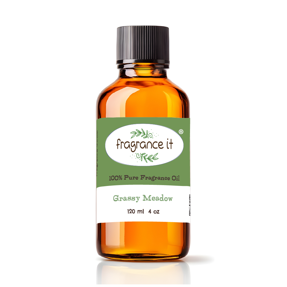 A  4-ounce or 120 milliliter bottle of Fragrance It's Grassy Meadow aroma oil.