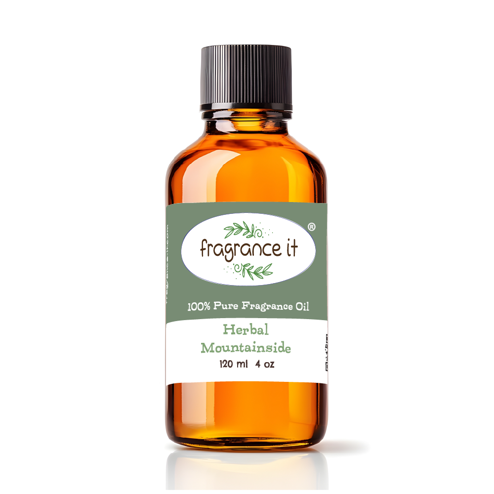 A  4-ounce or 120 milliliter bottle of Fragrance It's Herbal Mountainside aroma oil.