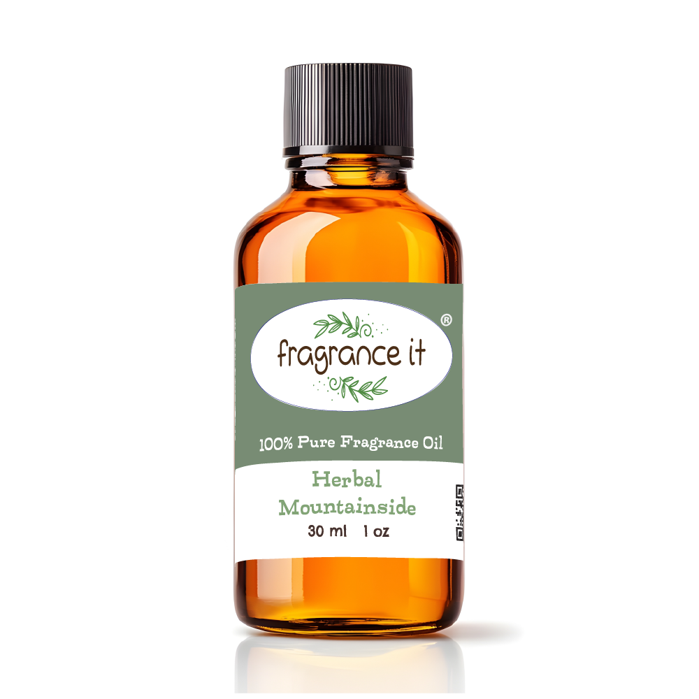 A  1-ounce or 30 milliliter bottle of Fragrance It's Herbal Mountainside aroma oil.