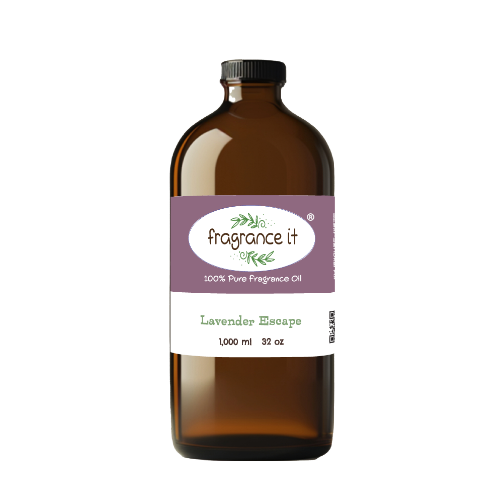 A  32-ounce or 1000 milliliter bottle of Fragrance It's Lavender Escape aroma oil.