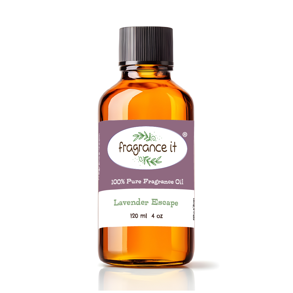 A  4-ounce or 120 milliliter bottle of Fragrance It's Lavender Escape aroma oil.