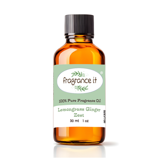 A  1-ounce or 30 milliliter bottle of Fragrance It's Lemongrass Ginger Zest aroma oil.