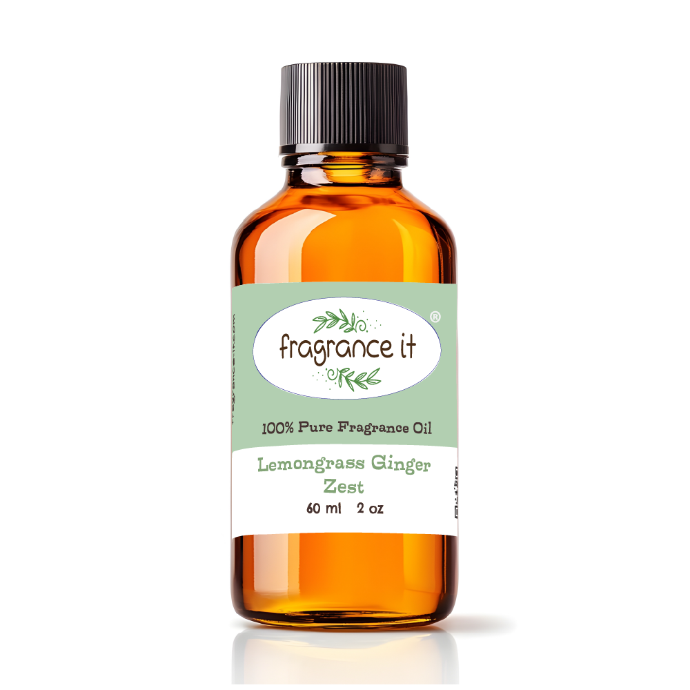 A  2-ounce or 60 milliliter bottle of Fragrance It's Lemongrass Ginger Zest aroma oil.