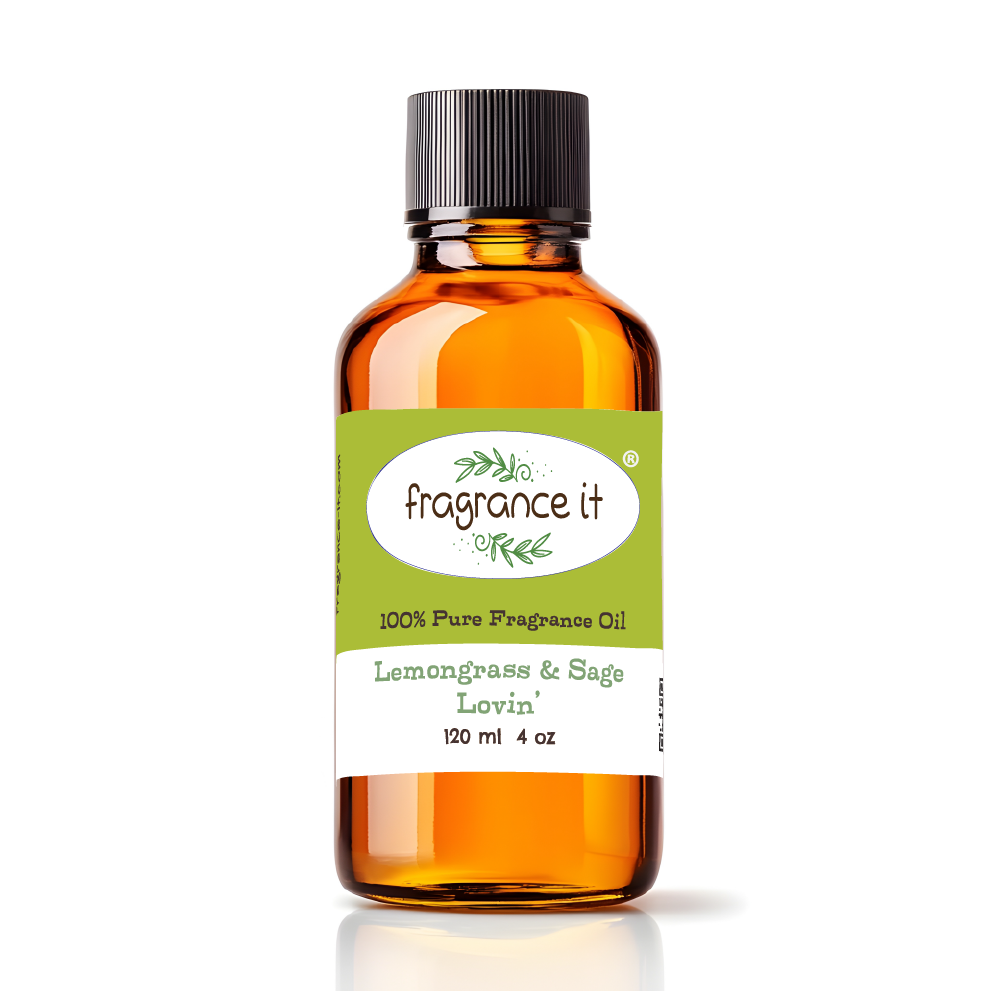 A  4-ounce or 120 milliliter bottle of Fragrance It's Lemongrass & Sage Lovin' aroma oil.
