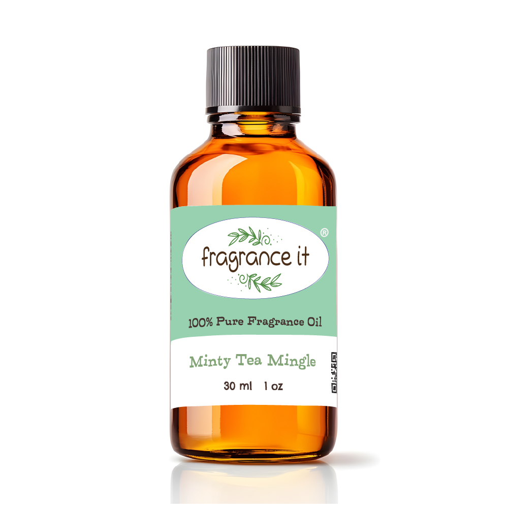 A  1-ounce or 30 milliliter bottle of Fragrance It's Minty Tea Mingle aroma oil.