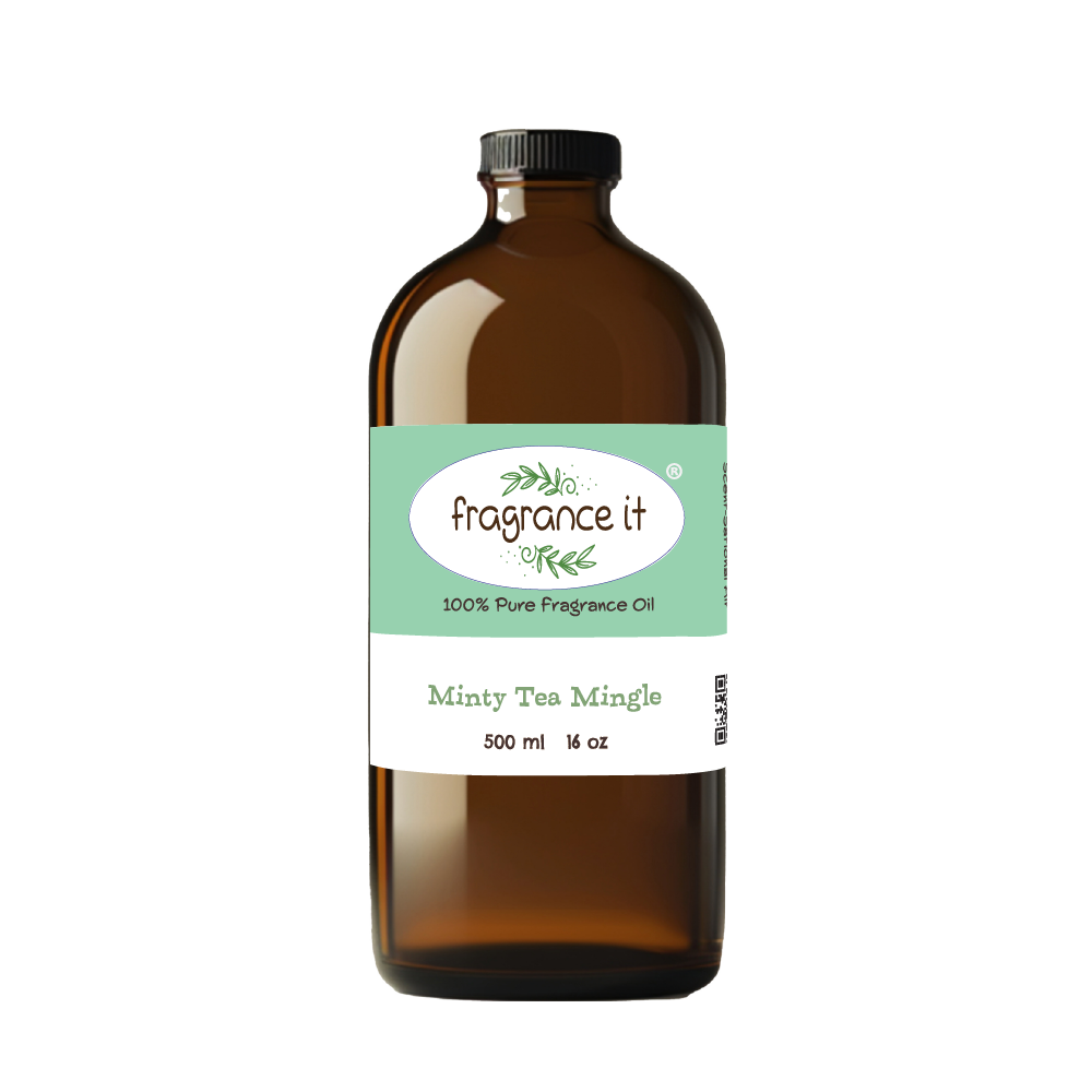 A  16-ounce or 500 milliliter bottle of Fragrance It's Minty Tea Mingle aroma oil.