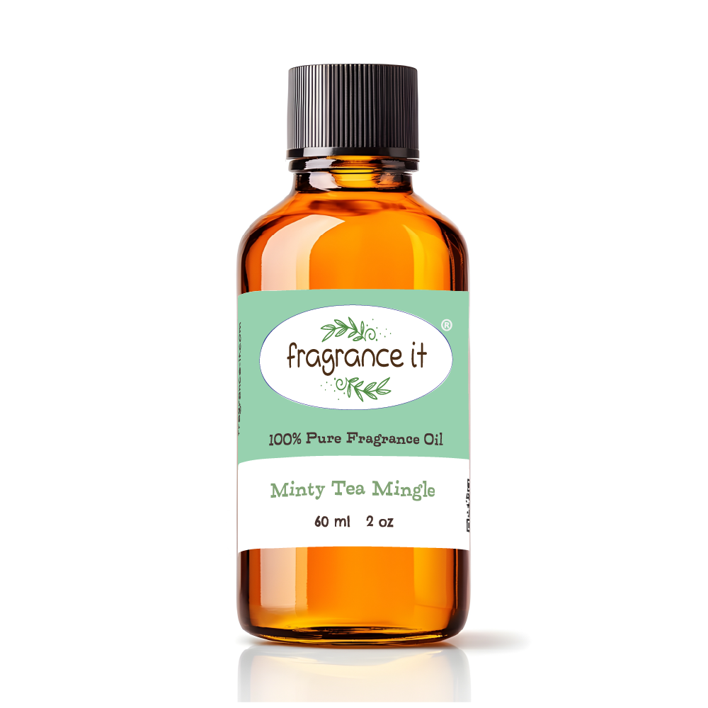 A  2-ounce or 60 milliliter bottle of Fragrance It's Minty Tea Mingle aroma oil.
