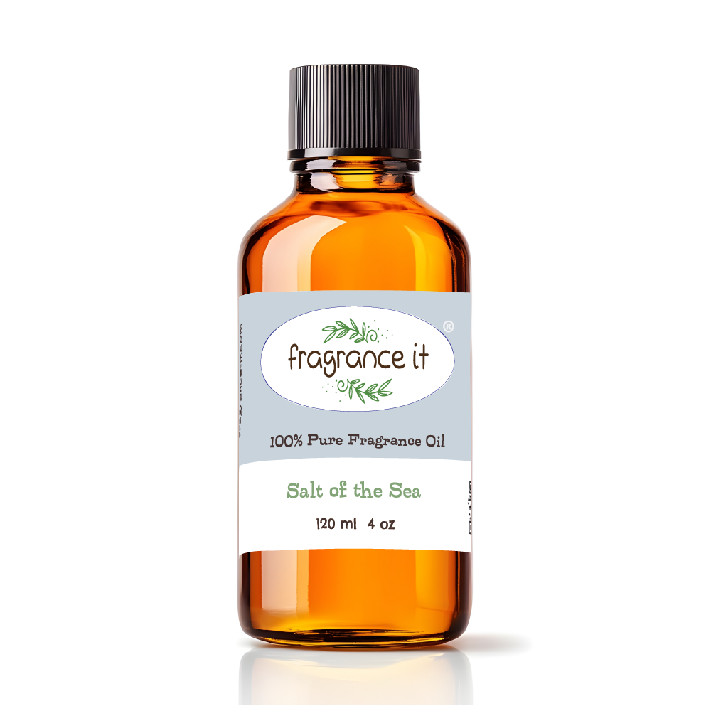 A  4-ounce or 120 milliliter bottle of Fragrance It's Salt of the Sea aroma oil.