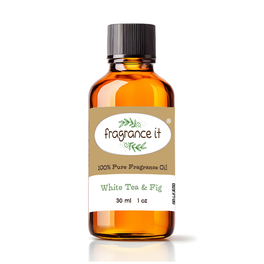 A  1-ounce or 30 milliliter bottle of Fragrance It's White Tea & Fig aroma oil.
