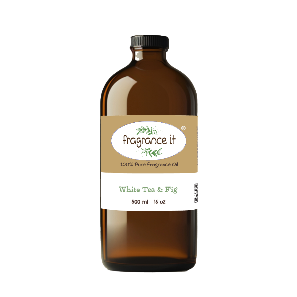 A  16-ounce or 500 milliliter bottle of Fragrance It's White Tea & Fig aroma oil.