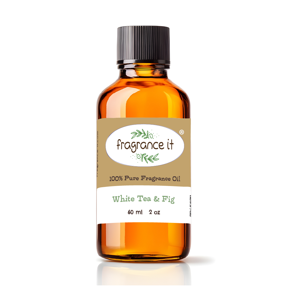 A  2-ounce or 60 milliliter bottle of Fragrance It's White Tea & Fig aroma oil.
