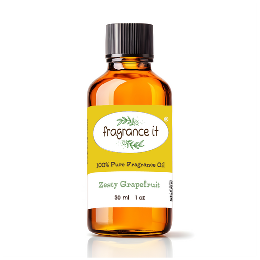 A  1-ounce or 30 milliliter bottle of Fragrance It's Zesty Grapefruit aroma oil.