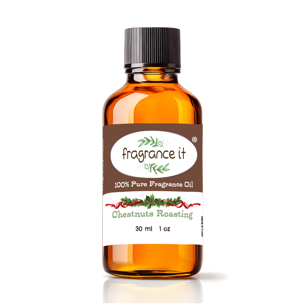 A  1-ounce or 30 milliliter bottle of Fragrance It's holiday themed Chestnuts Roasting aroma oil.