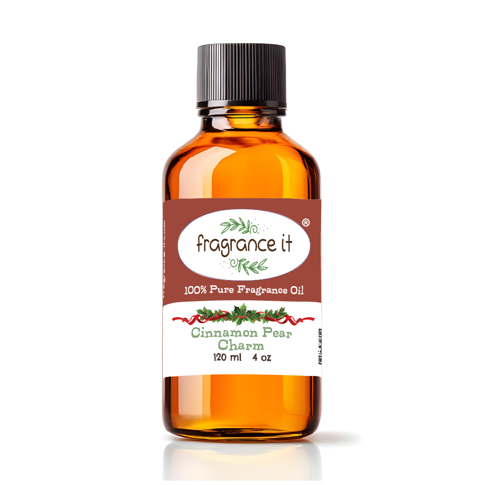 A  4-ounce or 120 milliliter bottle of Fragrance It's holiday themed Cinnamon Pear Charm aroma oil.