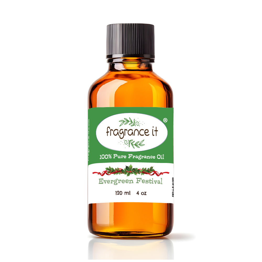 A  4-ounce or 120 milliliter bottle of Fragrance It's holiday themed Evergreen Festival aroma oil.